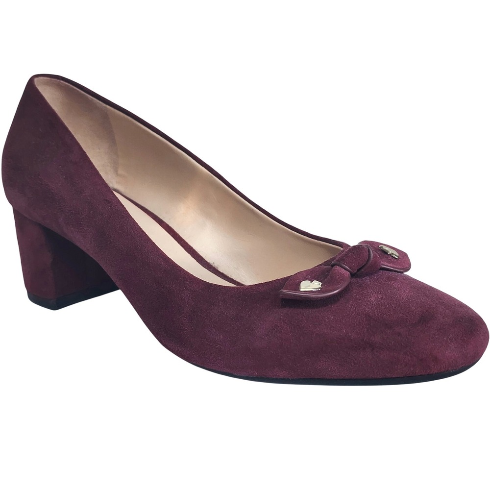 Kate Spade Benice Burgundy Suede Bow Block Heel Pumps Size 7.5 Wine Round Toe